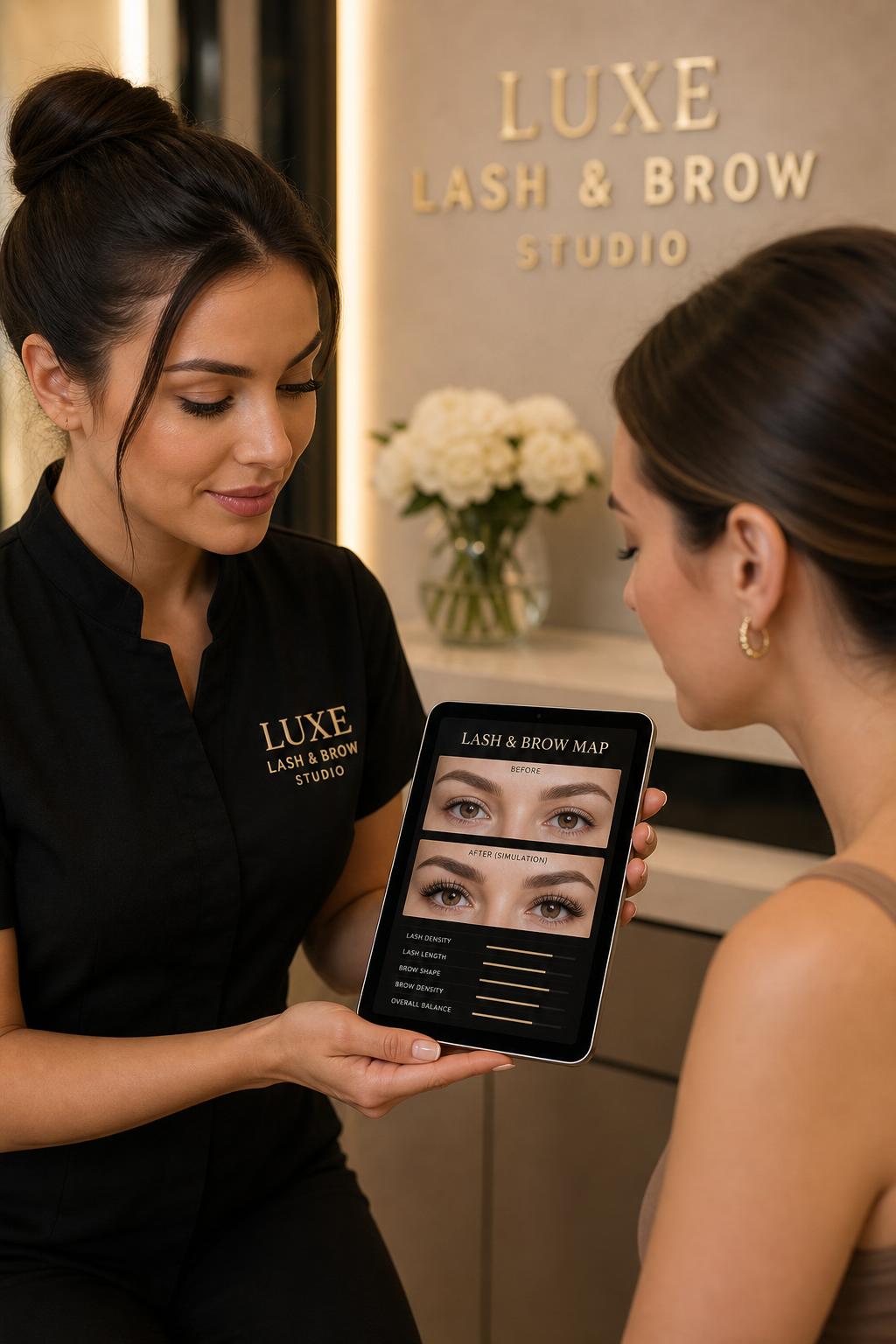 A lash artist in a luxury lash studio shows a seated female client a personalised lash and brow map — before and after a new volume set and shaped brows with analysis metrics — on a handheld tablet.