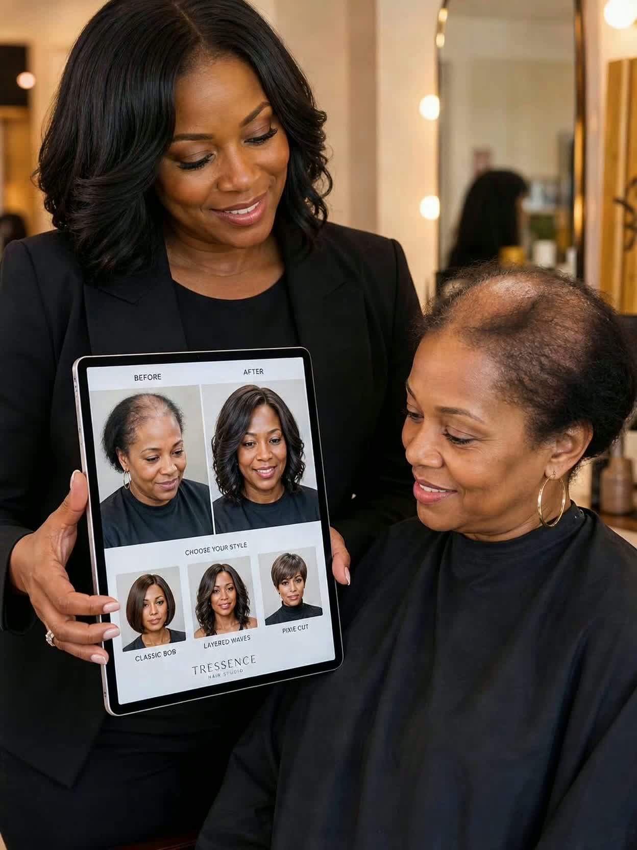 An African American hair-loss specialist in a luxury salon shows a seated female client wig options for hair loss — a before-and-after split with selectable wig styles — on a handheld tablet.