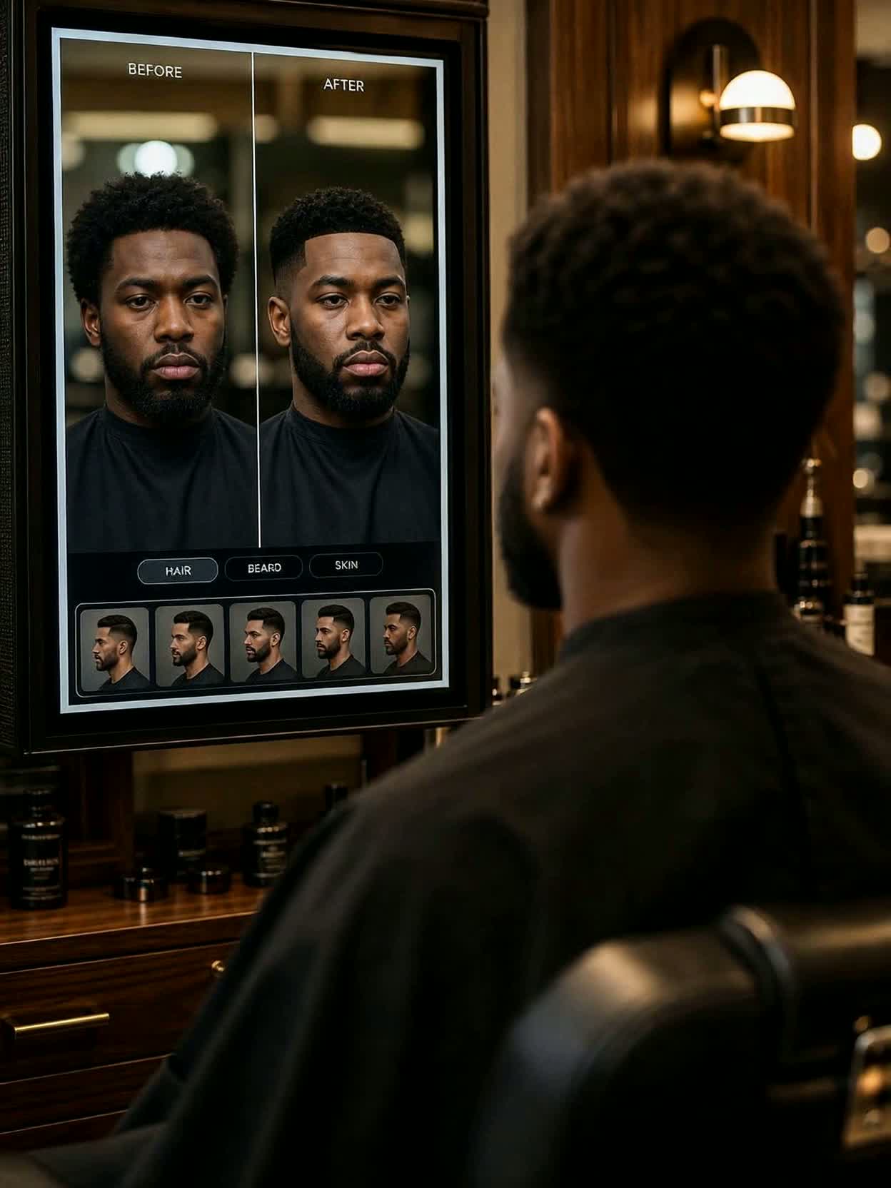 A man in an upscale barbershop studies a smart mirror showing a realistic side-by-side before-and-after of his haircut, beard, and skin grooming options.