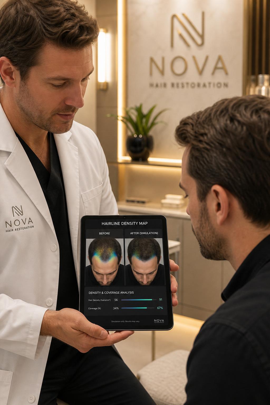 A clinician in a modern hair restoration clinic shows a seated male client a hairline density map — before and after a regrowth projection with coverage metrics — on a handheld tablet.