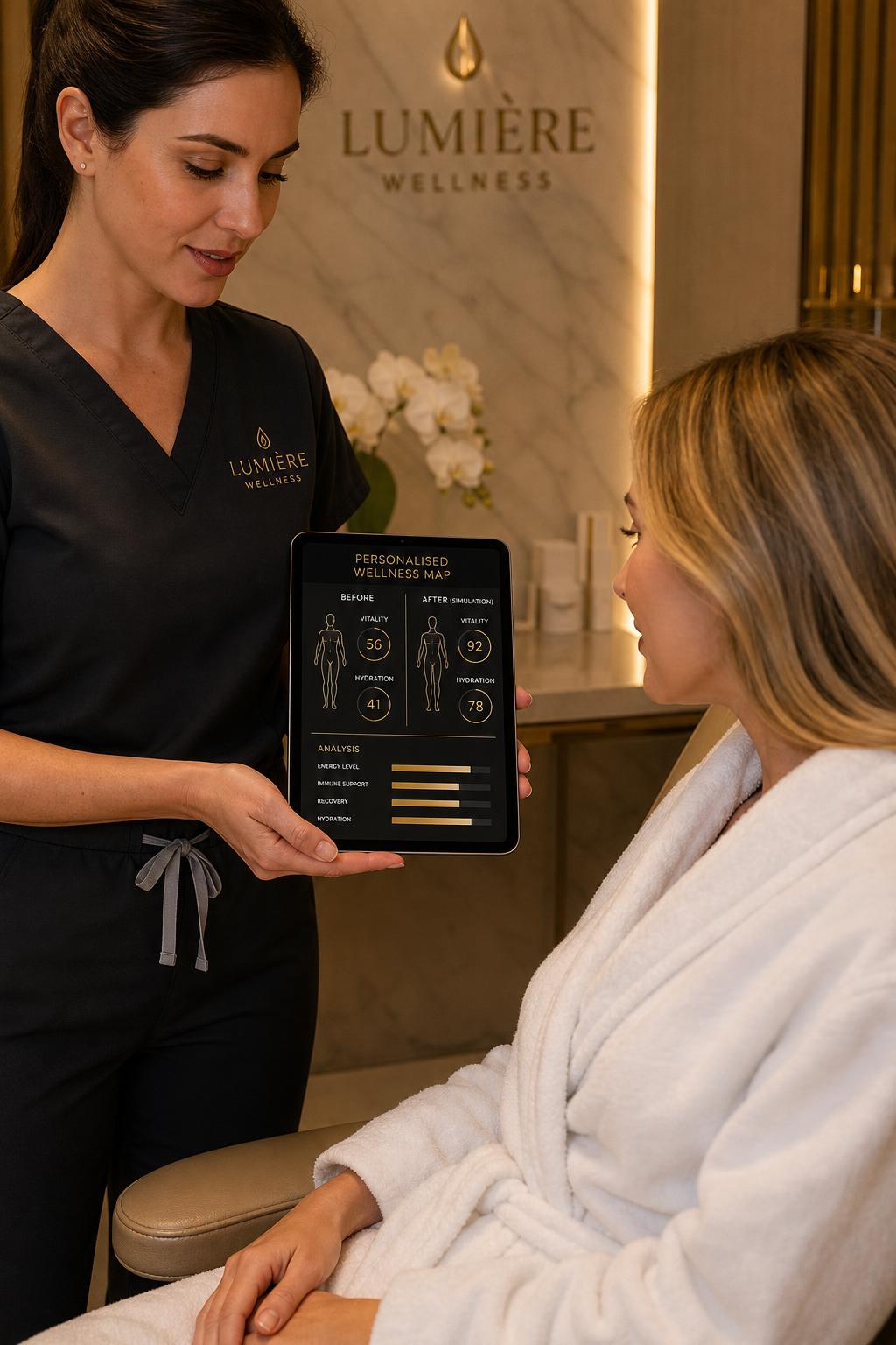 A wellness nurse in a luxury IV and wellness lounge shows a seated client a personalised wellness map — before and after vitality and hydration metrics — on a handheld tablet.